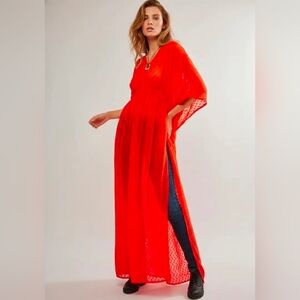 Free People+SAACHI Stevie Textured Sheer Lurex Kaftan Red OS NWT$178